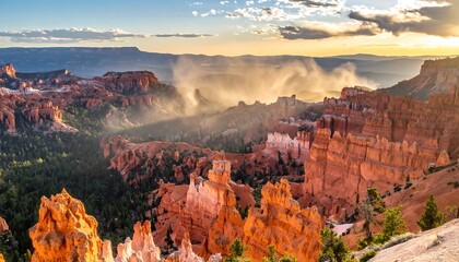 Sunset illuminates a vast canyon landscape, showcasing layered rock formations and hazy sunlight