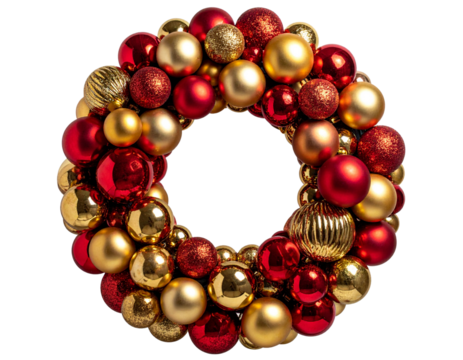 Decorative Christmas bauble wreath in red and gold colors isolated PNG