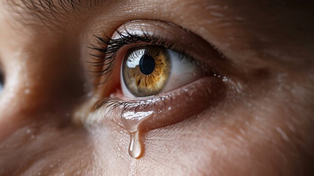 Heartbreaking tearful eye close-up with stunning hazel iris conveys deep emotion