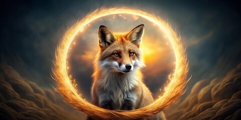 A Majestic Red Fox Encircled by a Glowing, Fiery Halo, Set Against a Dramatic, Dreamlike Sky
