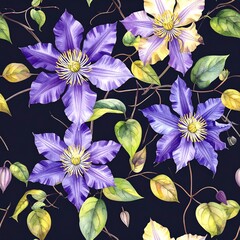 Watercolor floral seamless pattern with purple and yellow clematis flowers and leaves on a dark background