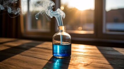 Elegant aroma diffuser with blue liquid and rising scent fills a sunlit room