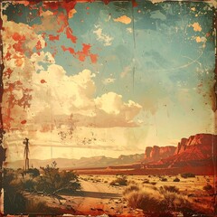 Vintage-styled landscape painting of a desert scene with a cloudy sky, mountains, and a dirt road
