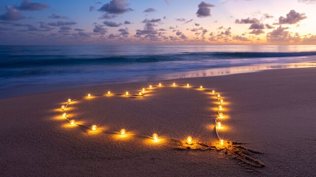 Romantic heart of lights on peaceful ocean beach at sunset for Valentine's Day
