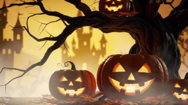 Spooky halloween scene with carved pumpkins under a bare tree against a haunted castle background with warm orange tones.