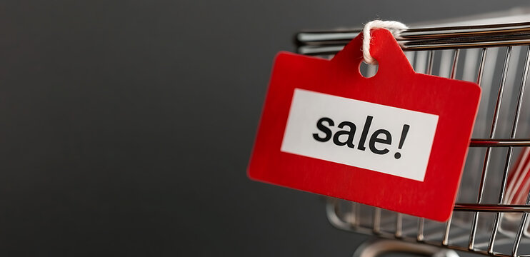 Shopping cart with a bright red tag announcing a storewide sale. Don't miss out on the savings; it's the perfect time to shop for discounts!