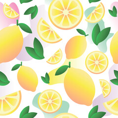 Seamless lemon pattern with fresh citrus fruits, slices and leaves. Modern vector flat style with gradients, trendy summer design for textiles, packaging, branding and digital projects.