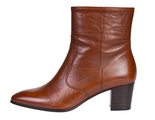 Side View of Brown Knee-High Leather Boot with Pointed Toe, isolated on transparent background PNG