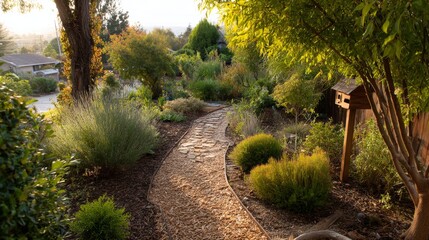 A beautiful backyard garden fostering wildlife habitats and promoting urban biodiversity for pollinators