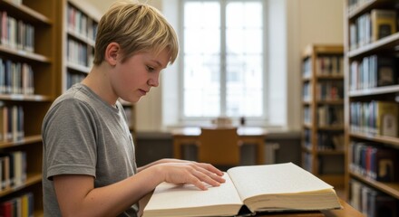 Student reading in library educational environment focused learning experience quiet study space