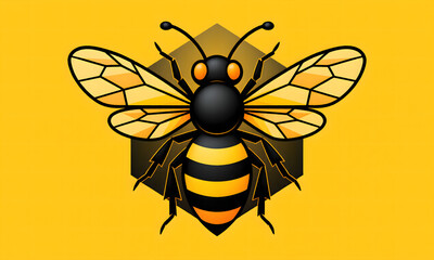 Stylish bee illustration with honeycomb wings on yellow background, vector style