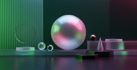 3d rendering abstract geometric shapes creating modern iridescent christmas design