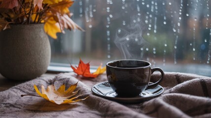 Cozy autumn scene with steaming coffee by rainy window brings fall warmth indoors