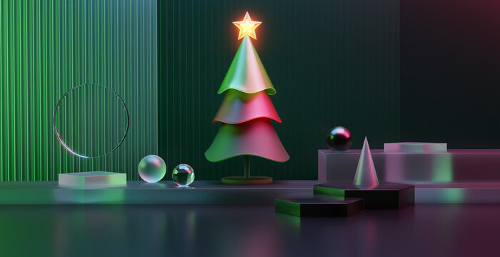 3d rendering abstract christmas tree concept with geometric shapes composition