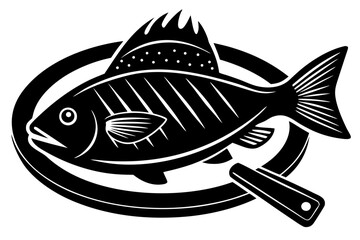 Vector art of grilled fish on a plate black silhouette