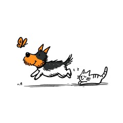 Naklejka premium Dog chasing butterflies while cat takes a nap, silly playful cartoon logo, white background, no text