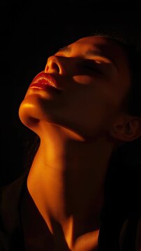 A woman with her eyes closed in the dark