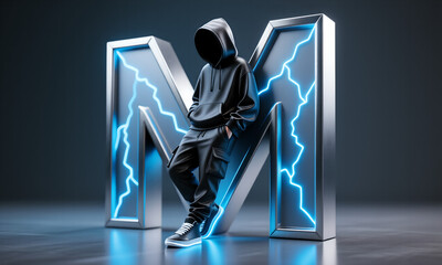 Hooded Figure Leaning on Letter M with Electric Blue Lightning Accent