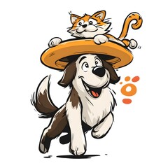 Dog holding a frisbee, cat jumping on top of it, playful cartoon logo, white background, no text