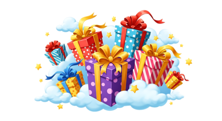 Assortment of Colorful Gift Boxes with Clouds and Stars