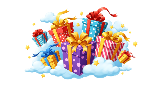 Assortment of Colorful Gift Boxes with Clouds and Stars