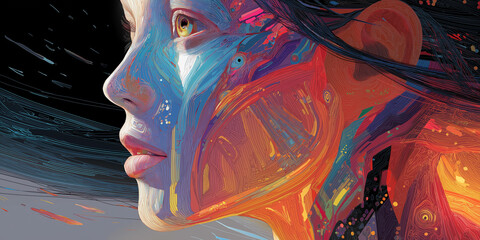 Colorful abstract design human head fractal pattern glowing light imagination creativity artistic expression.