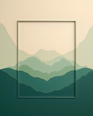 A square picture frame on a wall with a minimalist green mountain range mural. A modern and natural background for art or text.