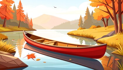 A serene autumn landscape with a red canoe on a calm river