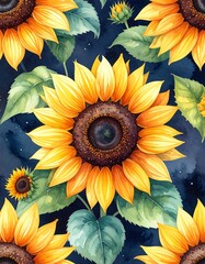 Watercolor sunflowers on a dark blue background