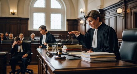 A judge in a courtroom, holding a gavel, with a stack of books and a hammer on the desk.