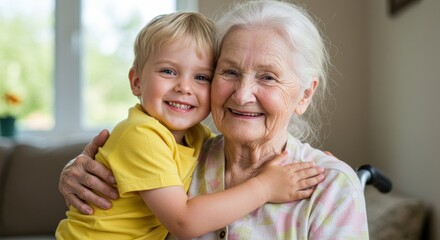 Heartwarming embrace between grandmother and grandson home living room cozy environment family bonding