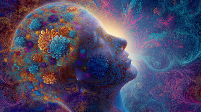 Fototapeta Colorful abstract design human head fractal pattern glowing light imagination creativity artistic expression.