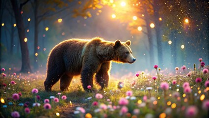 Majestic Brown Bear Tranquilly Strolling Through a Sunlit Meadow of Vibrant Blossoms