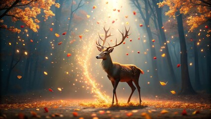 Majestic Stag in Autumnal Forest, Enchanted by Glowing Particles and Falling Leaves