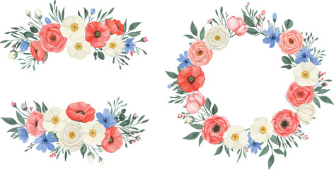 Watercolor floral arrangements and wreaths with roses poppies on transparent background © Kuntol02