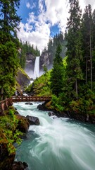 Waterfall cascading down rocks into a river, surrounded by lush green forest and a wooden bridge