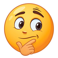 A thoughtful face emoji with hand on chin, isolated on white background, representing thinking, pondering