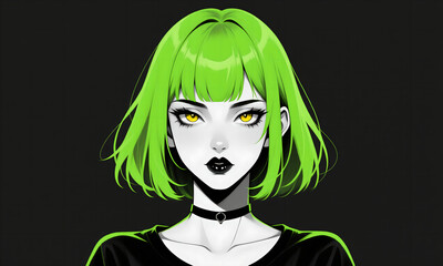 Anime-style woman portrait with bright green hair and striking yellow eyes.