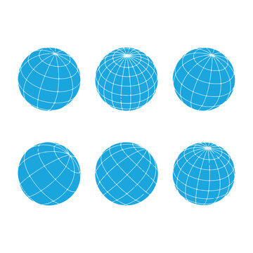 Set of six blue wireframe globe icons showing different angles of a gridded planet earth model. 3D vector illustration of global spheres with latitude and longitude lines