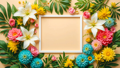 Flat lay of assorted colorful flowers, including roses, daisies, and carnations, arranged as a frame border on a rustic white wooden surface.