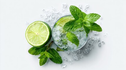 Refreshing beverage garnished with limes and mint.