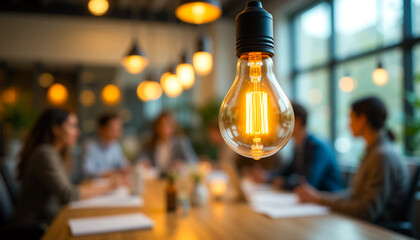 Close-up of a glowing light bulb in focus with blurred office meeting in background, modern workspace environment.