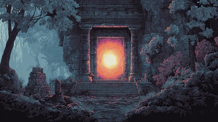A pixel art depiction of an ancient stone gateway, emanating an inner orange glow, nestled within a misty, dark forest.  Surrounding ruins and foliage suggest age and mystery