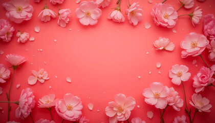 A lovely pink background with a bunch of pink flowers. Scene is one of beauty and elegance, as the flowers are delicate.