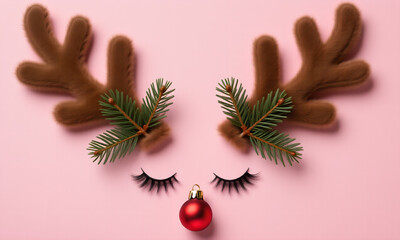 Whimsical Christmas Reindeer Face Made of Ornament, Antlers and Eyelashes