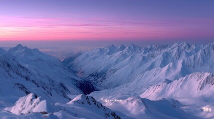 Cinematic Mountain Range with Snow Under Pink Sky HDR Landscape Photography of Snowy Peaks and Valley with Soft Lighting and High Dynamic Range