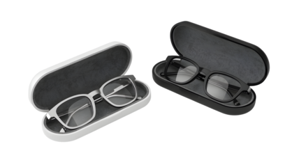 Stylish eyeglasses in open cases offer vision correction and fashion appeal