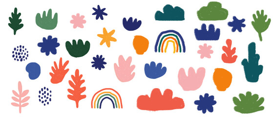 Vibrant, abstract nature and floral elements set in a fun, trendy mid-century modern style, featuring leaves, rainbows, and colorful organic shapes for playful design projects and children's themes