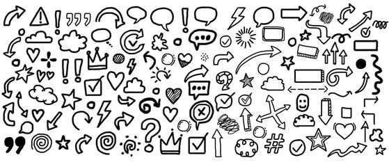 Hand-drawn set of doodle elements, including speech bubbles, arrows, crowns, hearts, stars, checkmarks, question marks, and abstract shapes, perfect for design assets and quick annotations