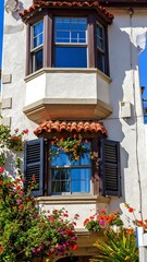 White building facade with bay window, flower boxes, and dark shutters